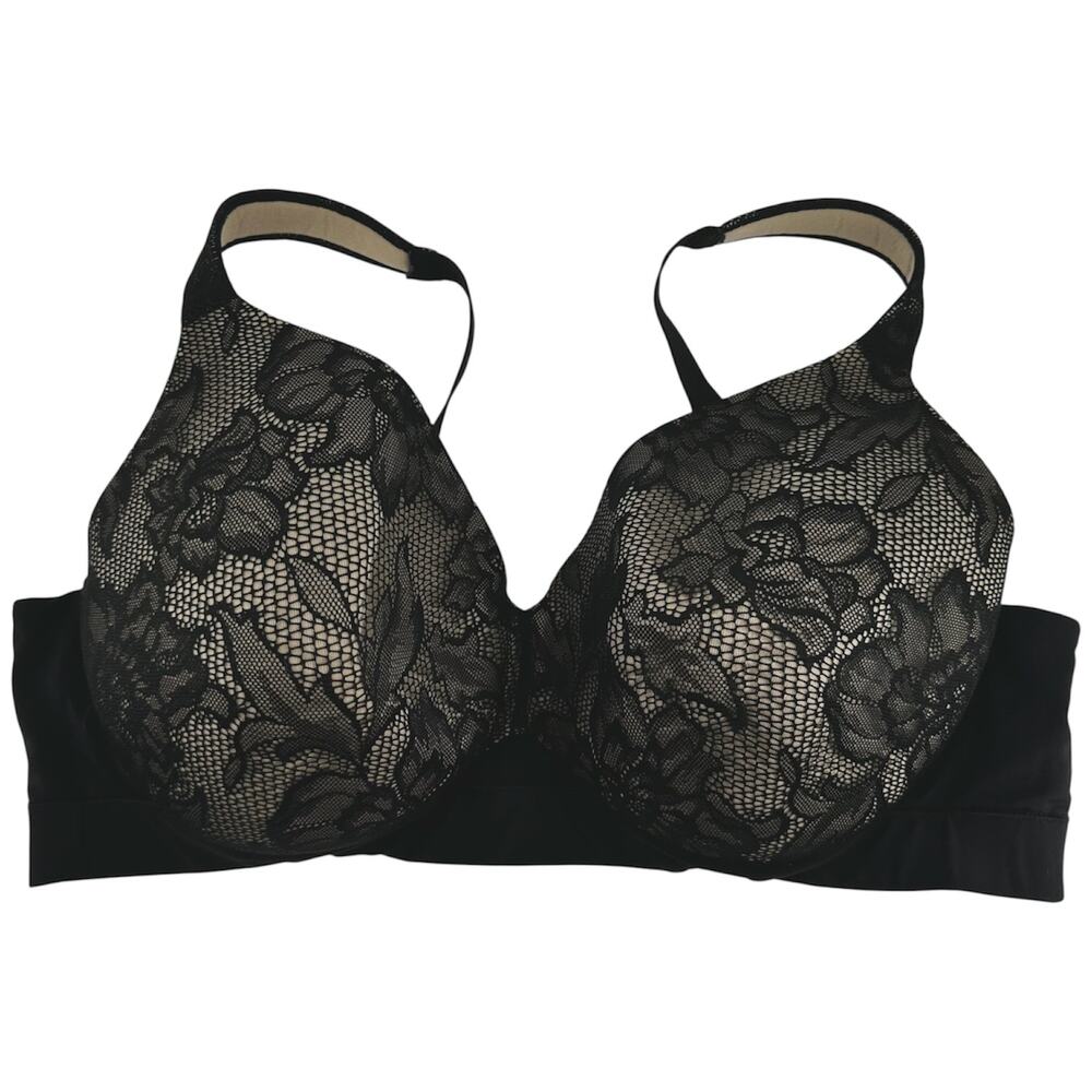 Cacique Lightly Lined Full Coverage Bra Underwire Overlay Floral Lace Black 42D